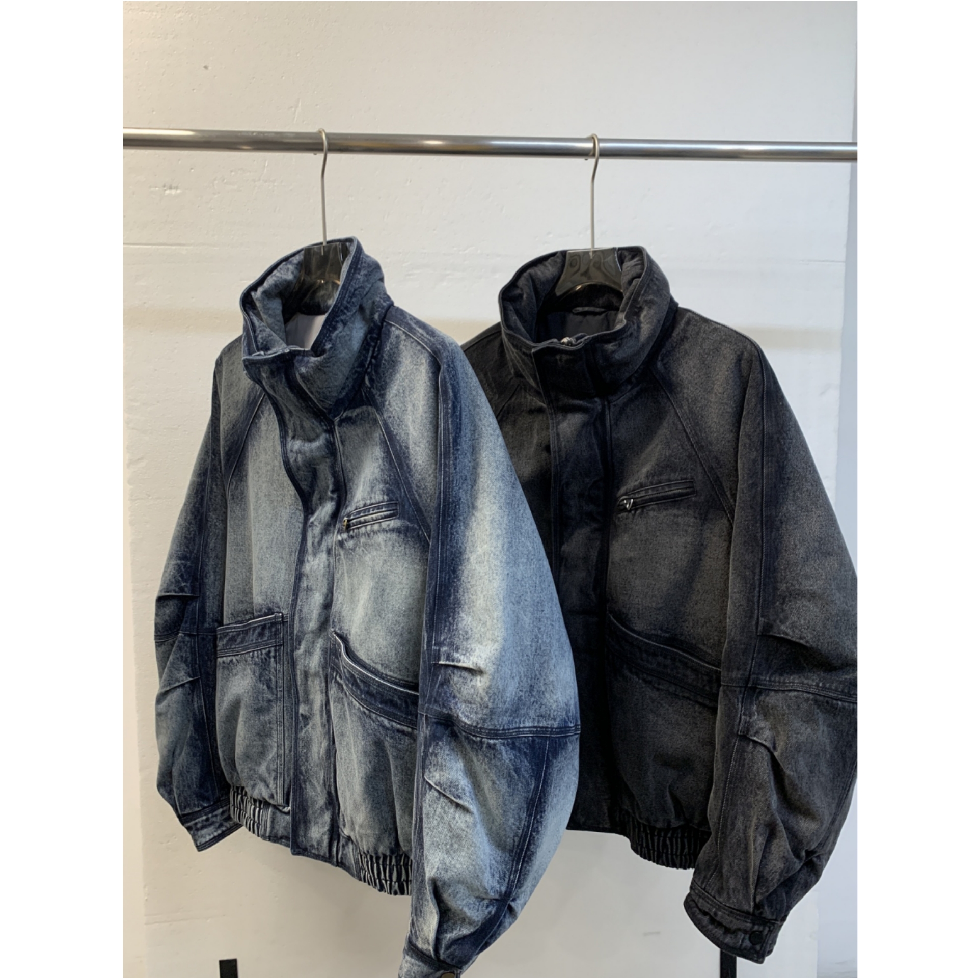 美式做旧牛仔立领工装宽松羽绒服