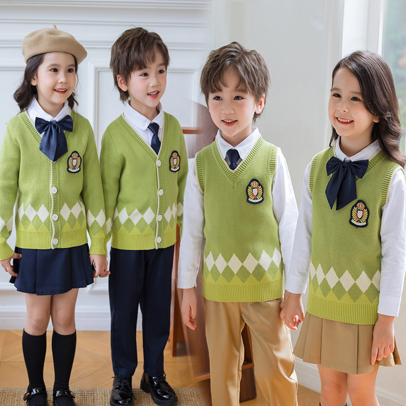 英伦学院风校服毛衣马甲套装小学生班服春秋新儿童果绿色幼儿园服