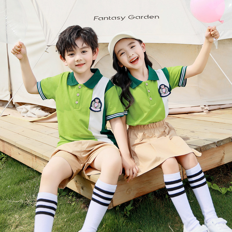 果绿色幼儿园服夏季新款英伦学院风校服套装小学生男女童紫色班服