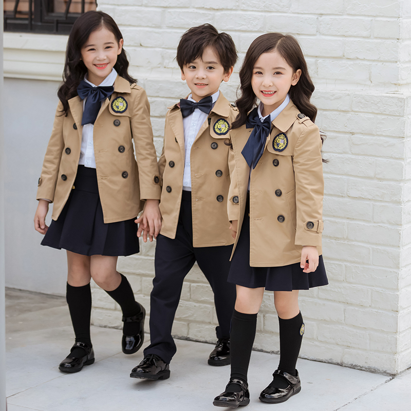 英伦学院风校服小学生新款儿童班服卡其色风衣三件套老师幼儿园服
