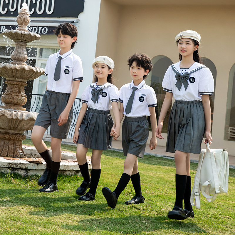 灰色海军风校服套装小学生夏季新款男女儿童演出班服幼儿园服