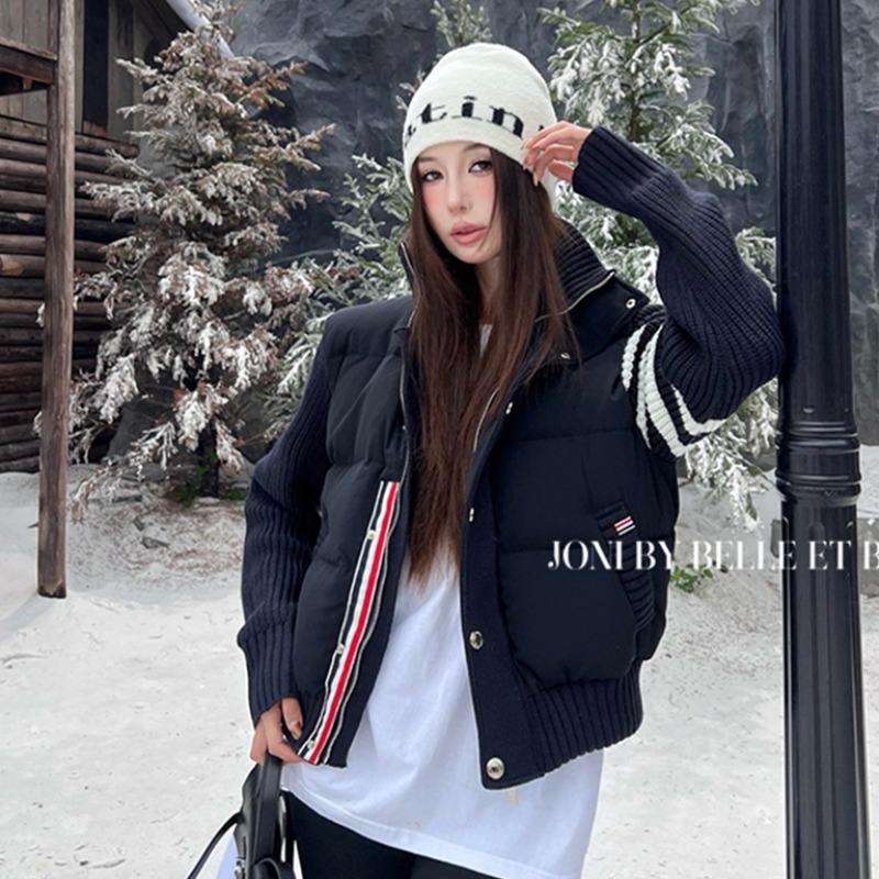 韩系学院风设计感拼接针织棉服男女秋冬独特别致立领轻薄棉衣外套