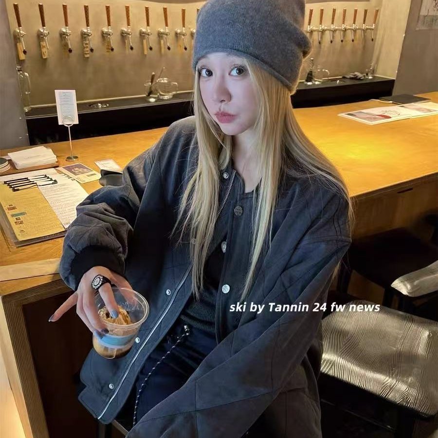 美式菱格棒球服休闲宽松棉服女短款设计感夹棉韩系棉衣雪院风外套