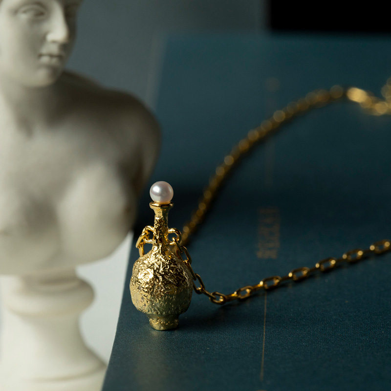 由子野丨香水瓶子丨原创复古项链珍珠纯银镀金锡纸纹理手作锁骨链