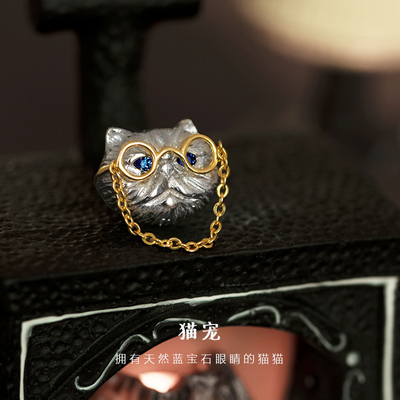 蓝宝石眼睛猫咪纯银耳钉胸针