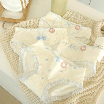 7A全棉抑菌裆甜美少女蝴蝶结纱网拼接中腰透气内裤女2024新款纯棉