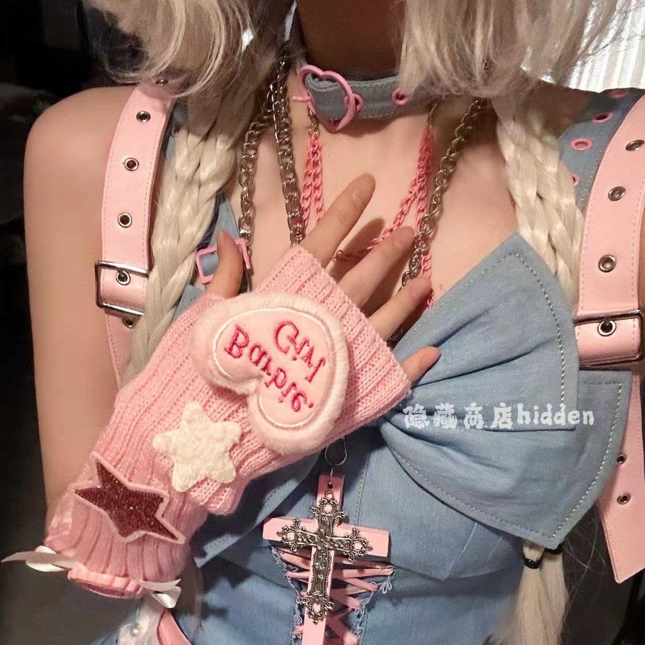 HIDDEN STORE ORIGINAL PINK Y2K GLOVES SPRING AND AUTUMN CUTE GIRLY HEART SWEET GIRL FINGER EXPOSED SUBCULTURE KNITTED SLEEVE COVER