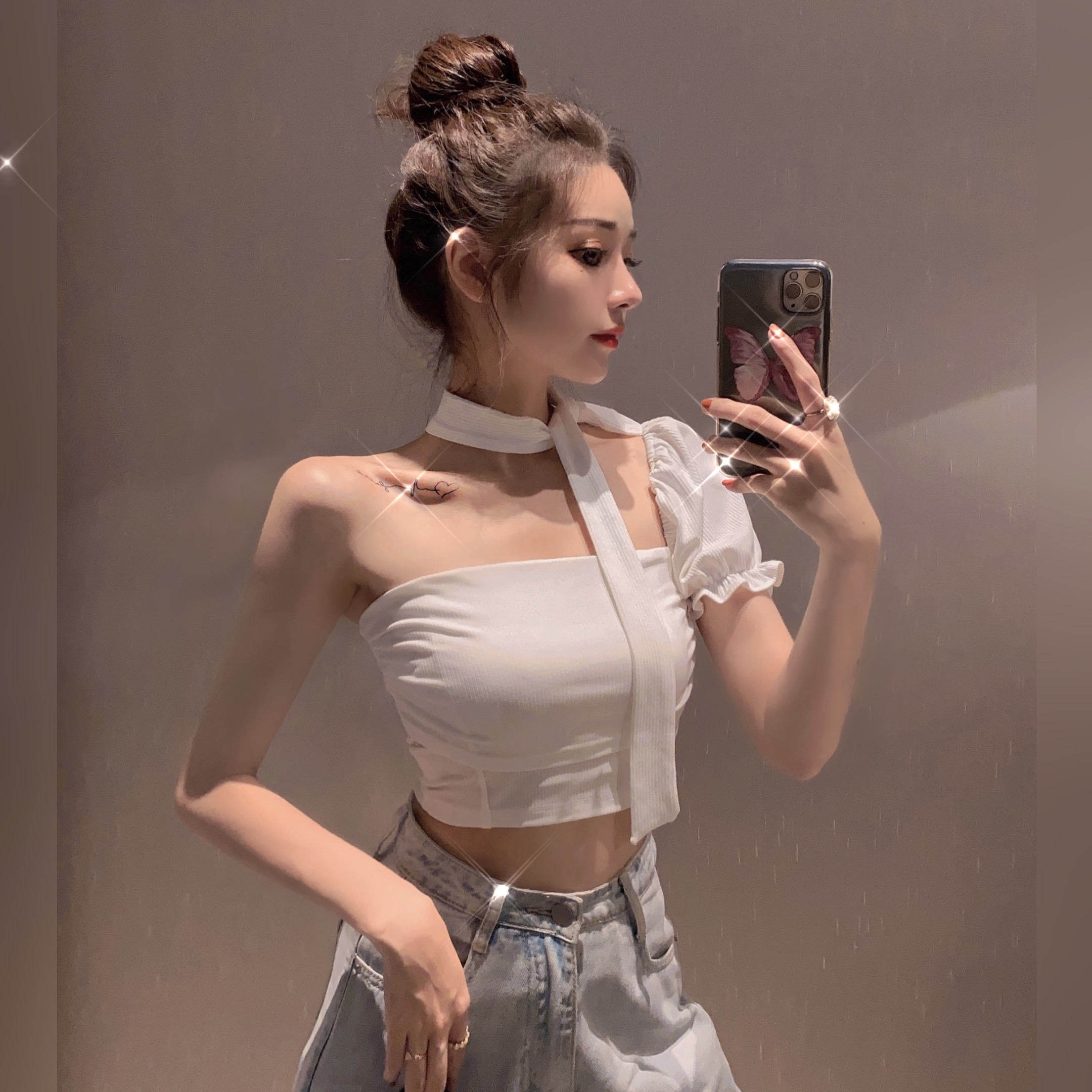 网红直播衣服女主播服装上镜性感一字肩抹胸上衣露肩外穿露脐t恤