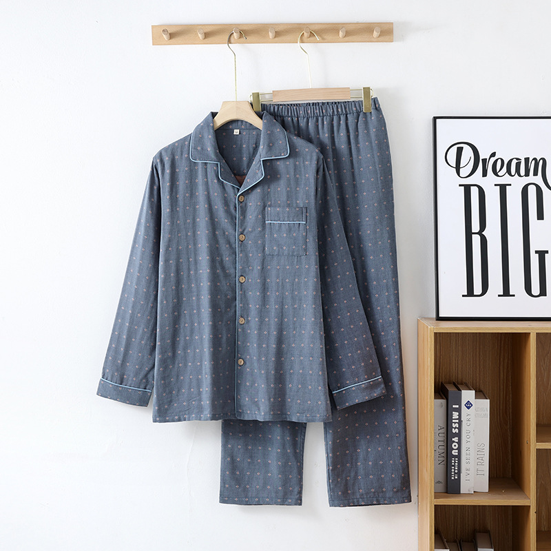 日系无印风色织纯棉双层纱布家居服男士春秋夏季全棉长袖睡衣大码