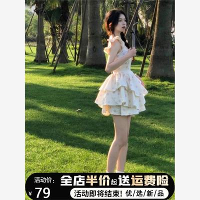 法式绝美甜辣妹飞飞袖吊带连衣裙仙女裙收腰蓬蓬裙迪士尼公主裙夏