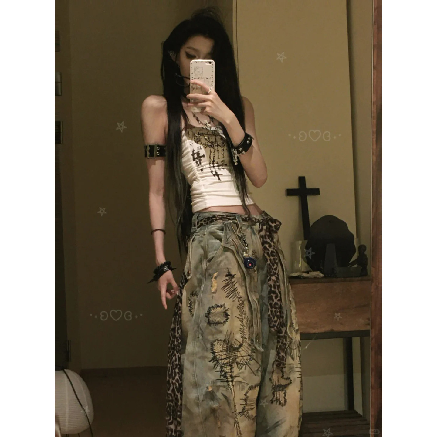 美式街头复古刺绣脏脏黄牛仔裤女