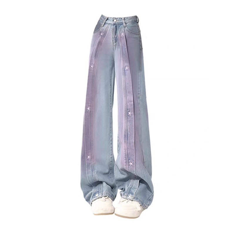 大码星星扎染牛仔裤女直筒长裤子