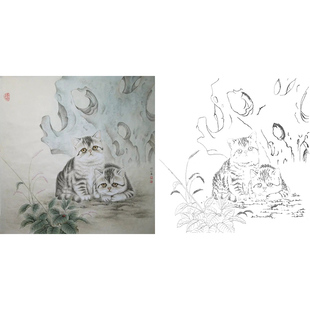 工笔画白描底稿临摹李保山动物小猫《童年》花鸟国画线描练习过稿