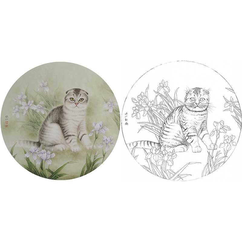 【有步骤】临李保山工笔画白描底稿动物《折耳猫》国画练习作业稿