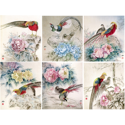 雪青国画牡丹十二白描底稿花鸟