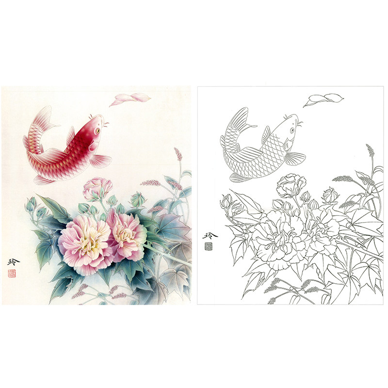 工笔画芙蓉鲤鱼白描底稿临郑玲玲《鱼跃龙门》初学者打印勾线过稿