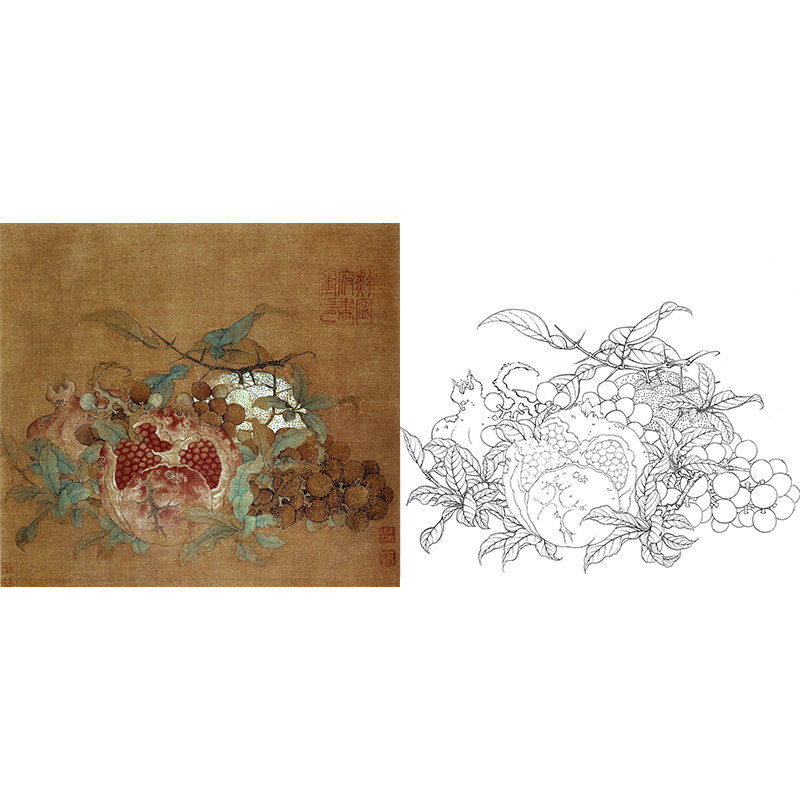 临摹南宋鲁宗贵《吉祥多子图》工笔花鸟白描底稿初学国画线描底稿