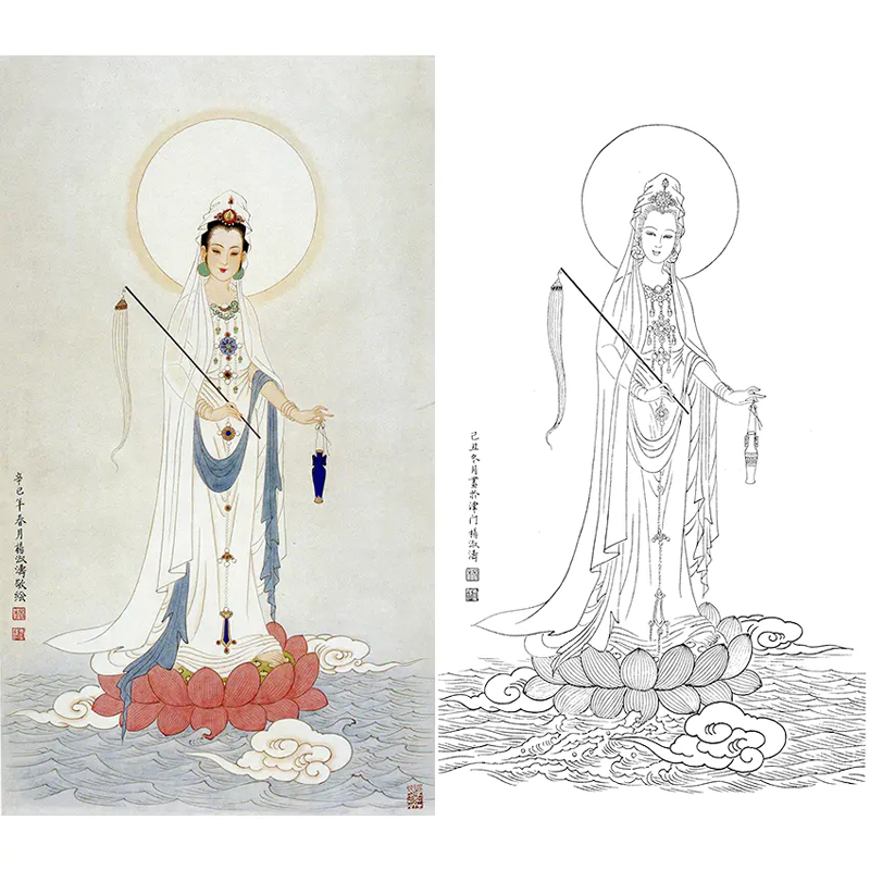 四尺竖幅工笔画白描底稿人物观音佛像国画熟宣纸手绘稿可直接上色