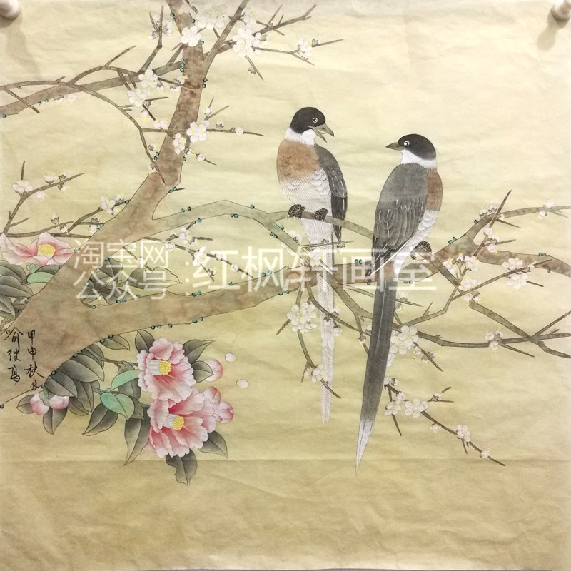 喻继高工笔画白描底稿山茶喜鹊梅花鸟熟宣纸勾线手绘稿可直接上色