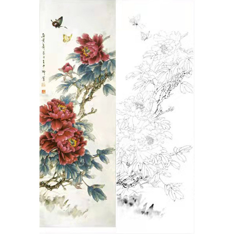 临王少卿工笔画白描底稿牡丹四条屏之三花鸟国画打印稿可反复使用