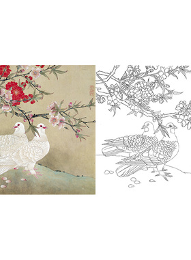 工笔画白描底稿小民花鸟相望