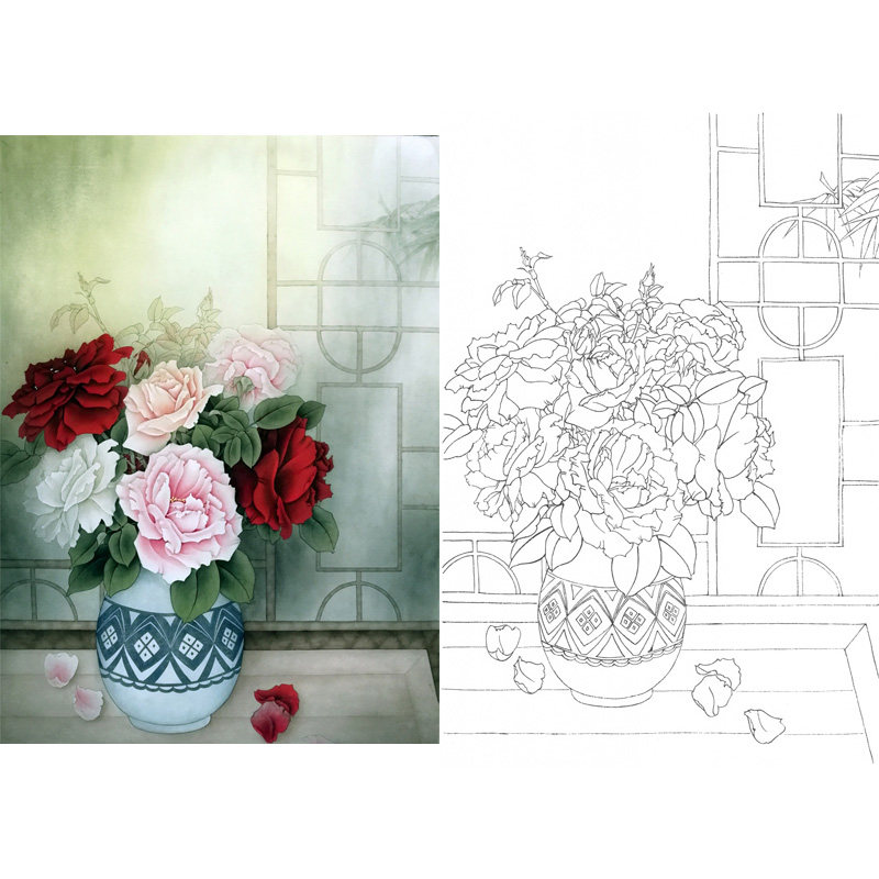 工笔画白描底稿陶瓷花瓶月季临摹胡云庆国画勾线练习打印线描过稿