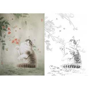 工笔画白描底稿临李保山动物小《牵牛花猫咪》花鸟国画学习作业稿
