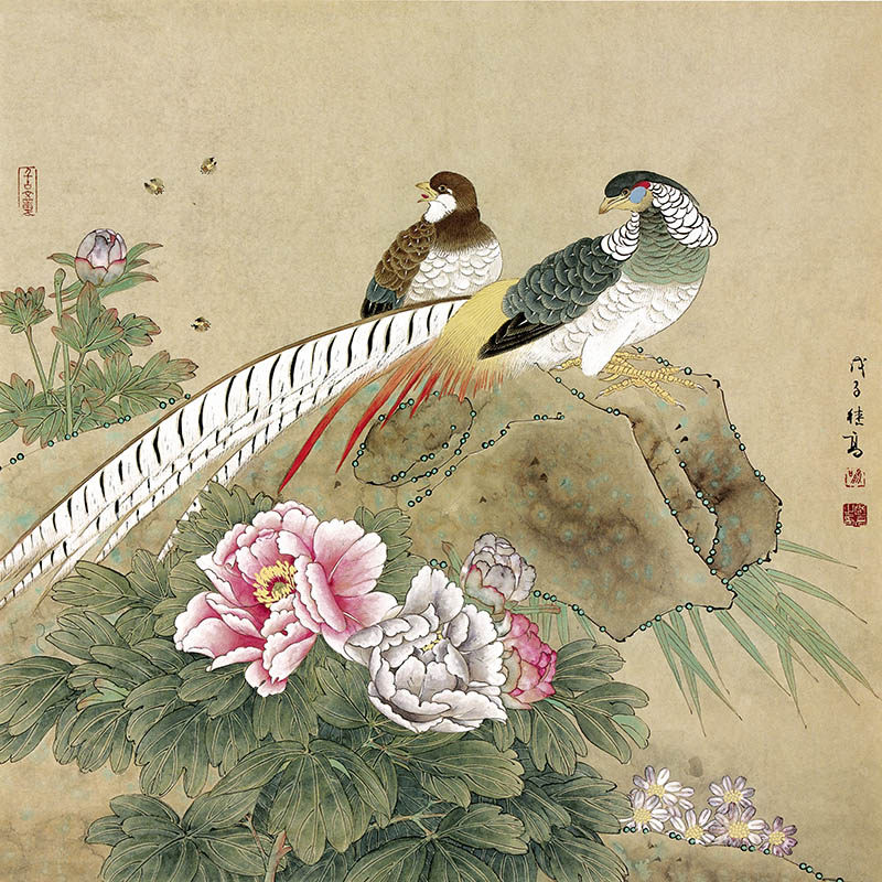 【有步骤】喻继高国画牡丹锦鸡初学练习作业稿工笔花鸟画白描底稿