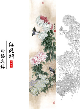 国画花鸟白描底稿四条牡丹