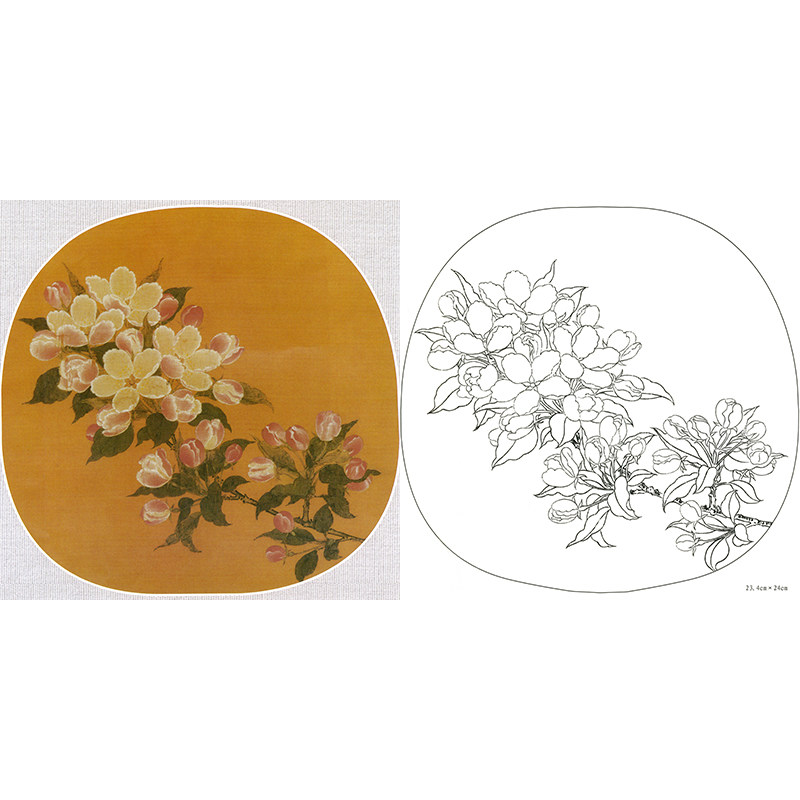 临宋工笔画白描底稿林椿《海棠图》花鸟国画小品初学者练习线描稿