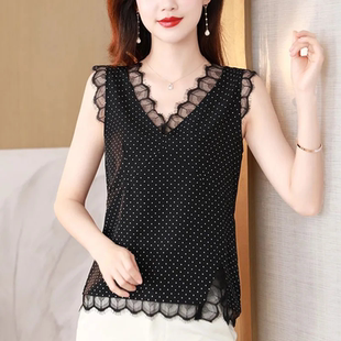 夏季 背心修身 百搭波点2026新款 显瘦上衣女 小众设计感蕾丝拼接无袖