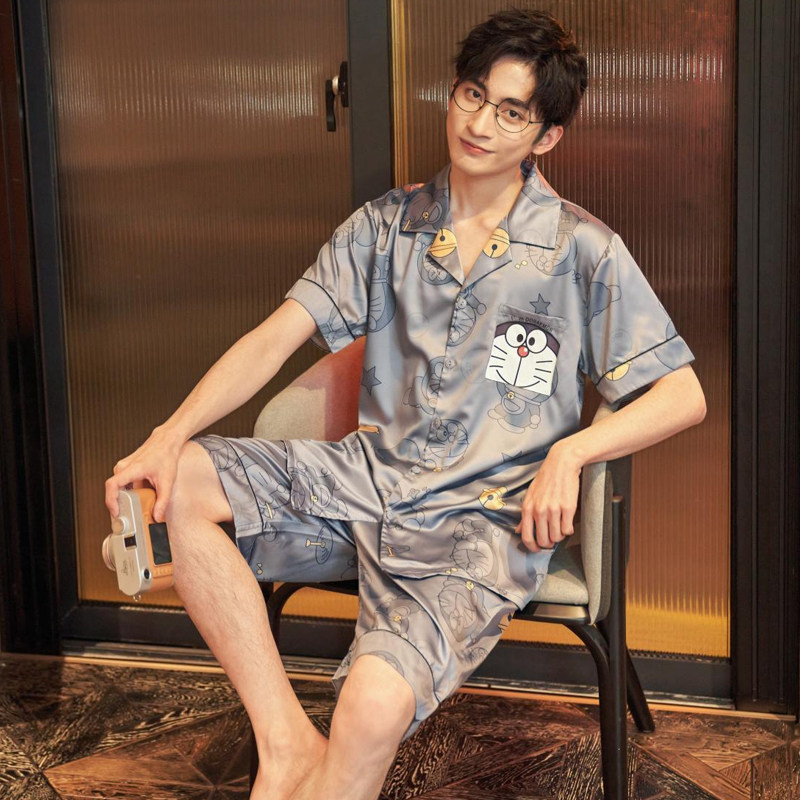 男士睡衣夏季冰丝绸短袖薄款2022年新款卡通夏天家居服凉感型套装