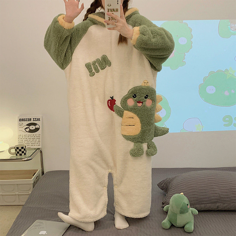 冬季新款连体睡衣女珊瑚绒可爱风加绒加厚卡通软妹保暖连帽家居服