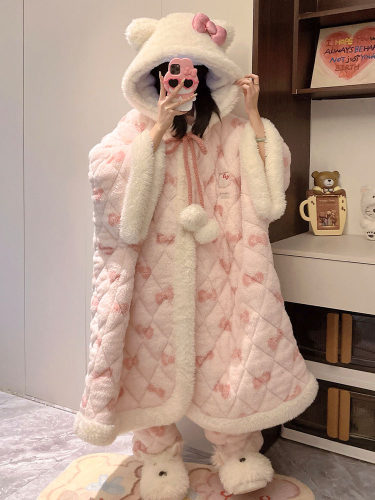 海角睡衣女式三层绗缝秋冬羊毛衬加厚珊瑚绒2024新睡衣冬季家庭服