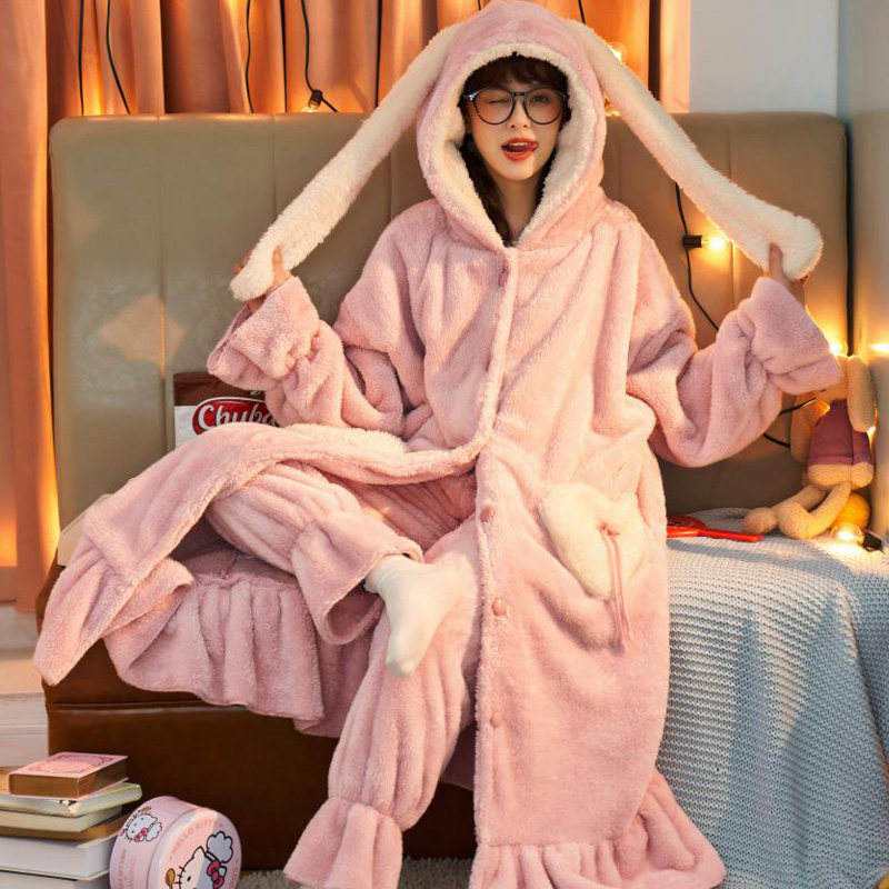 秋冬季睡衣女法兰绒睡袍女加厚加绒珊瑚绒长款可爱春秋浴袍家居服