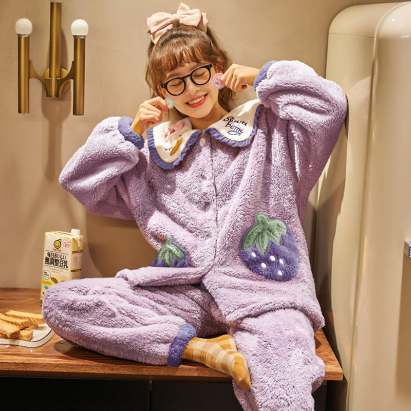 珊瑚绒睡衣女秋冬季毛茸茸日系可爱冬天加绒加厚法兰绒套装家居服