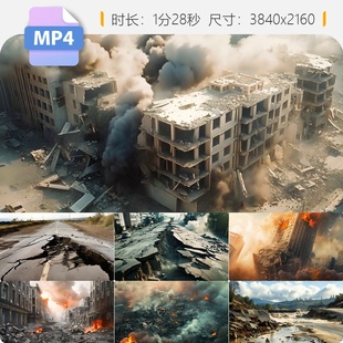 高清4K灾难地震城市坍塌海啸袭来路面开裂废墟末日感视频素材