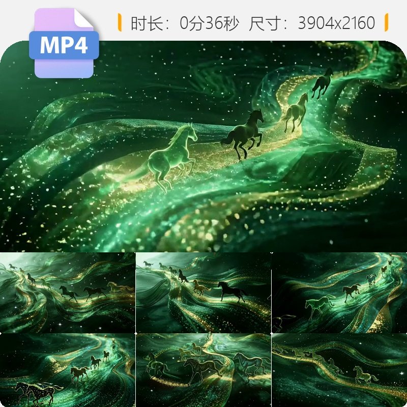 高清金色粒子骏马奔腾梦幻金沙星空流线光效背景万马奔腾视频素材