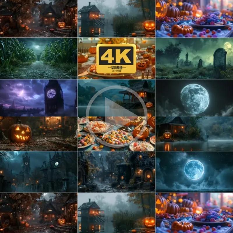 高清4k万圣节恐怖场景合集暗夜坟地鬼怪阴森月惊悚诡异视频素材