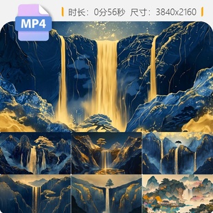 高清国风鎏金山水墨意境中式古画瀑布河图舞美背景高质量视频素材