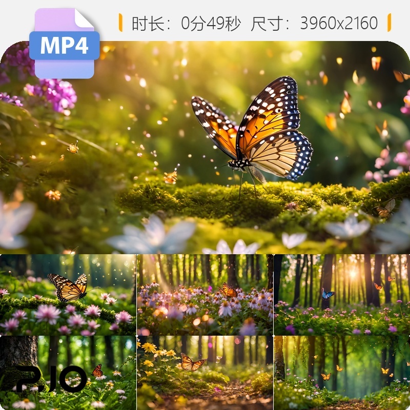 高清梦幻森林蝴蝶飞舞花草树木唯美仙境春暖花开全息特效视频素材
