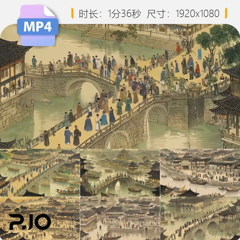 高清清明上河图动画北宋都城繁华市集江南水乡商船人群视频素材