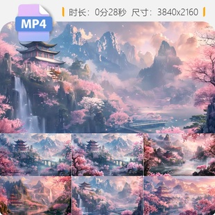 高清桃花源世外桃源梦幻桃花林瓣飘落山峦彩云舞台背景视频素材