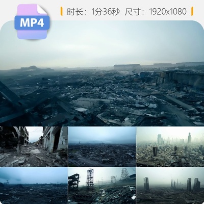 高清fpv航拍地震倒塌房屋废墟残垣断壁破损建筑穿越机视频素材