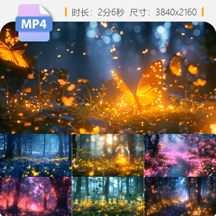 高清梦幻森林童话舞台背景魔影萤火虫麋鹿深夜繁花海溪流视频素材