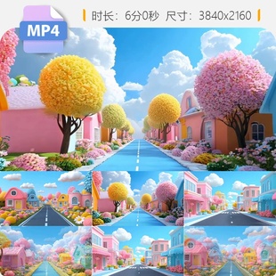 高清童话镇梦幻卡通粉色房屋街道场景可爱治愈系六一视频素材