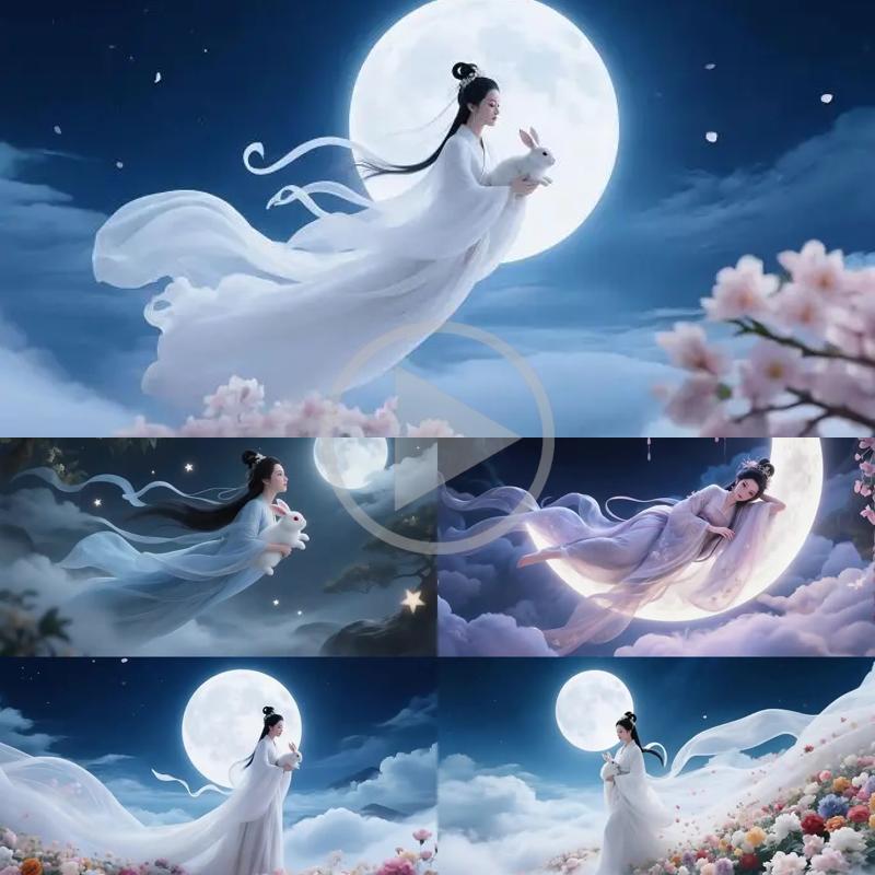 高清嫦娥奔月仙子玉兔广寒宫唯美古风中秋节神话传说视频素材
