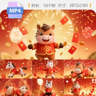 高清2026马年卡通萌马财神爷马上发财红包金币烟花喜庆新视频素材