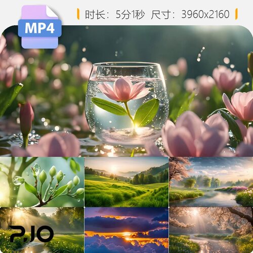 高清小清新油画风田园治愈系青山绿水蓝天白云唯美意境视频素材