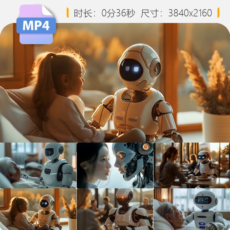 高清AI人工智能机器人陪伴老人儿童互动科技管家未来家庭视频素材